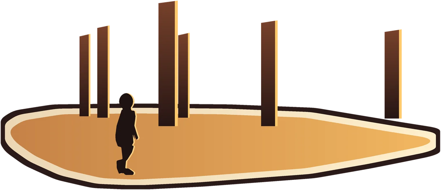 Illustration of the memorial grounds on Mornington Island: six carved poles on a sand and white gravel area, and a child standing to the side, looking on.